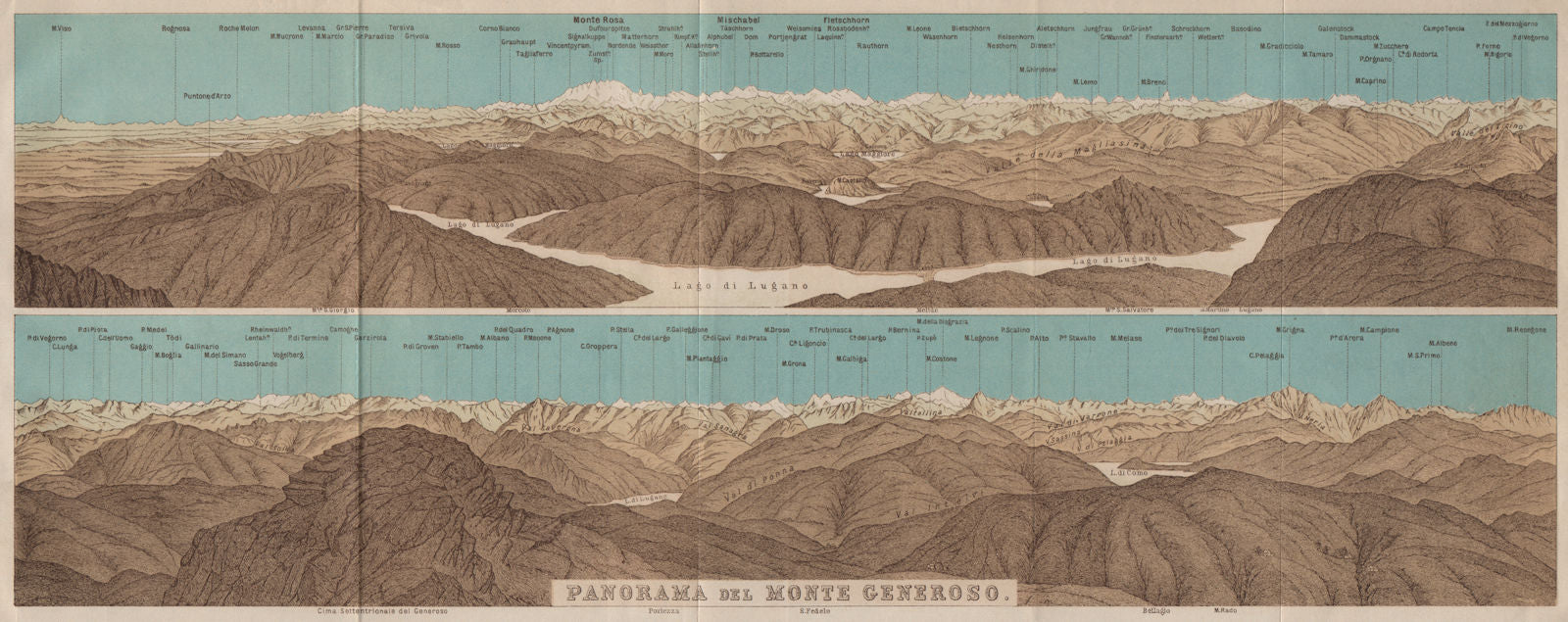 MONTE GENEROSO PANORAMA. Lugano Como Maggiore Rosa Mischabel Disgrazia 1909 map
